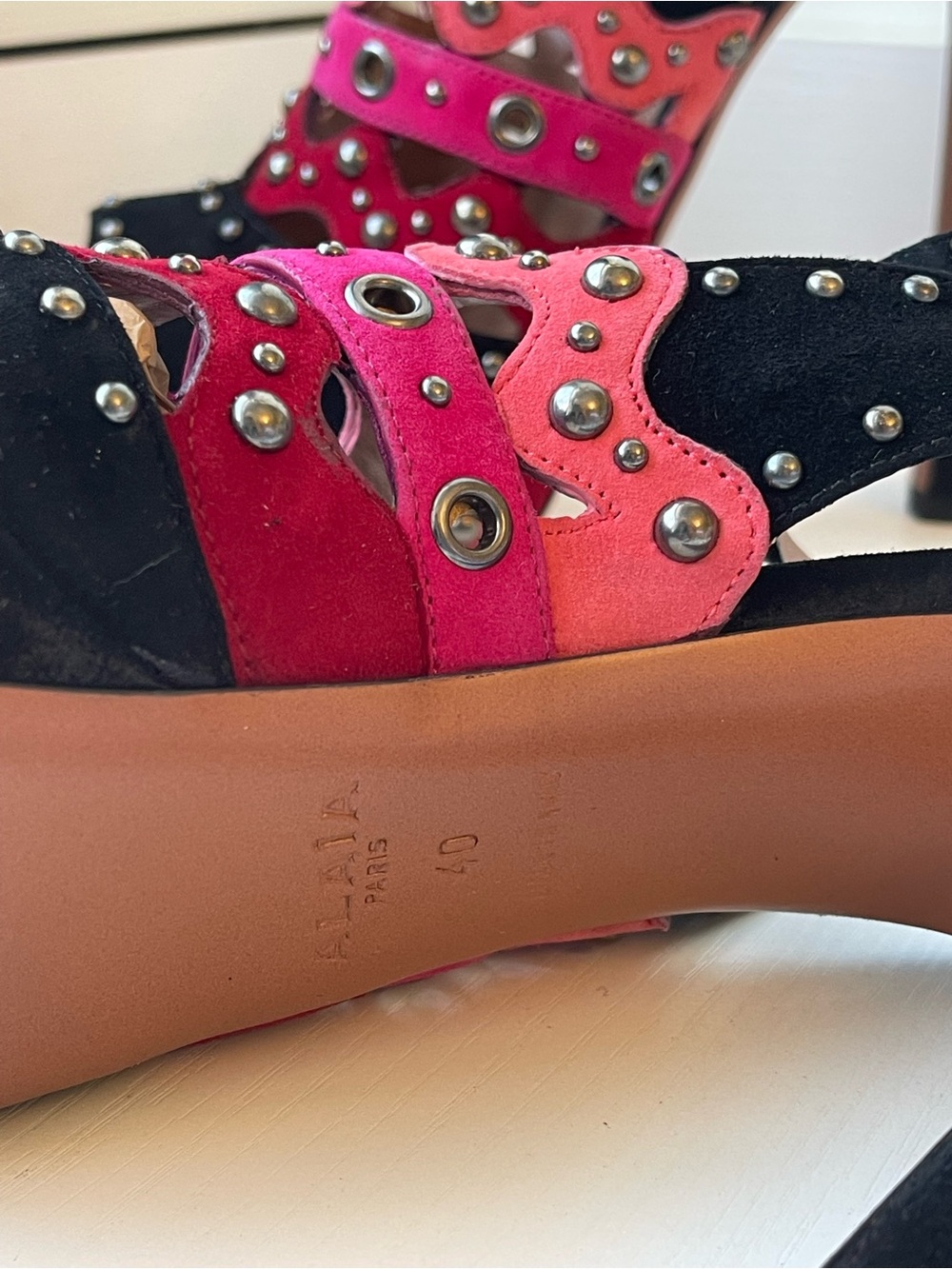 Alaia Black, Pink and Red Scalloped Studded Platform Sandals - Picture 8 of 12